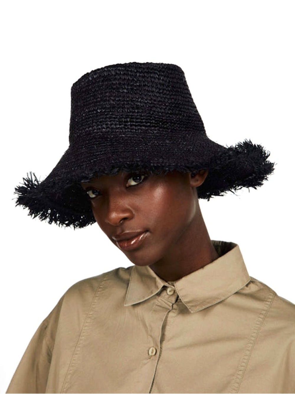 INTENTIONALLY BLANK Black Woven Fringe Wyeth Bora Bora Raffia Bucket Hat